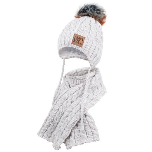 AJS Mütze & Schal Strickmütze Wintermütze Schal Winterset Bommel Bindemütze mit praktischen Bindebändern mehr