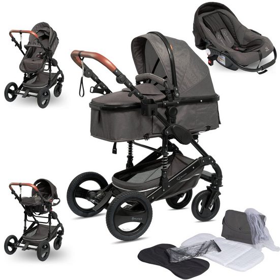 BRONEA Kombi-Kinderwagen EXQUISE Kinderwagen 3in1 mit MATRATZE, BUGGY & AUTO-BABYSCHALE Grey/Schwarz, Gummi Reifen,Wickeltasche,Regen-, Mücken- & Sonnenschutz mehr Fabrikverkauf