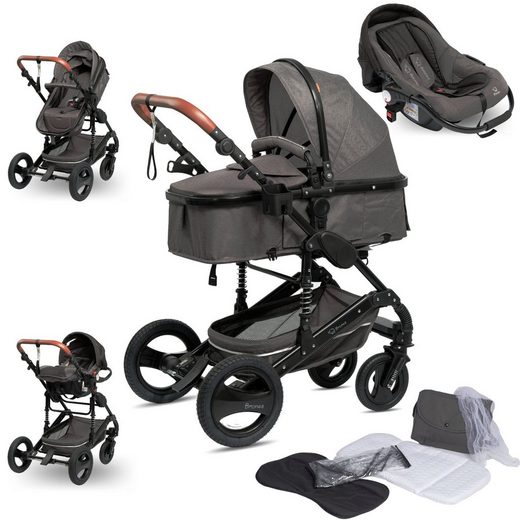 BRONEA Kombi-Kinderwagen EXQUISE Kinderwagen 3in1 mit MATRATZE, BUGGY & AUTO-BABYSCHALE FARBAUSWAHL, Gummi Reifen,Wickeltasche,Regen-, Mücken- & Sonnenschutz mehr