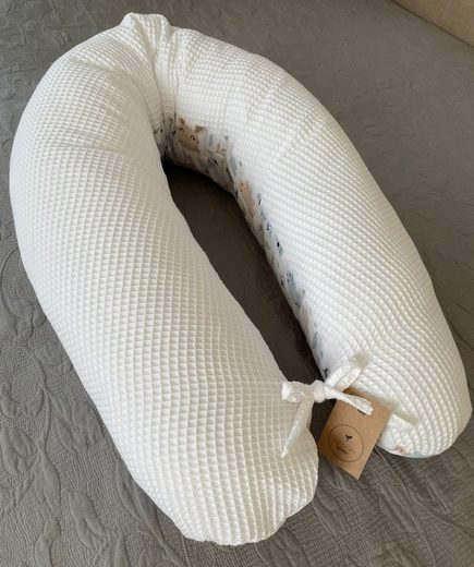 LOOLAY Stillkissen Waffelpique Seitenschläferkissen XXL Schwangerschaftskissen 170 cm Stillkissen + Bezug (Reißverschluss); Attmungsaktive WAFFEL + GLATT Baumwolle WEICH Stillkissen MUSTERN: HASE Beige/ GRAU, MINZE, WEIß, ROS Nur noch ein Tag übrig