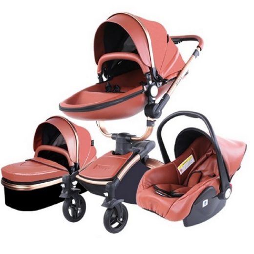TPFLIVING Kombi-Kinderwagen Babyschale Baby Buggy Babywanne Kinderwagen 3 in 1 inkl. Stauraum Kunstleder Braun mehr