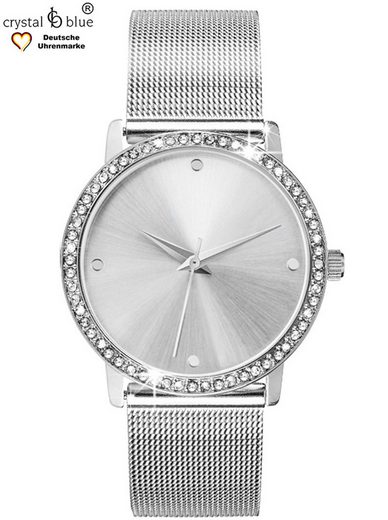 CRYSTAL BLUE Quarzuhr Damenuhr silber 62 Zirkonia Kristalle Mesharmband mit Clip Schließe kostenlose Lieferung mehr Angebote
