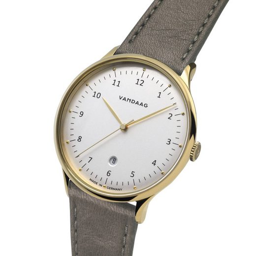 VANDAAG Quarzuhr Primus Gold Made in Germany, Saphirglas, 5 Bar wasserdicht, deutsches Leder mehr Lagerräumung
