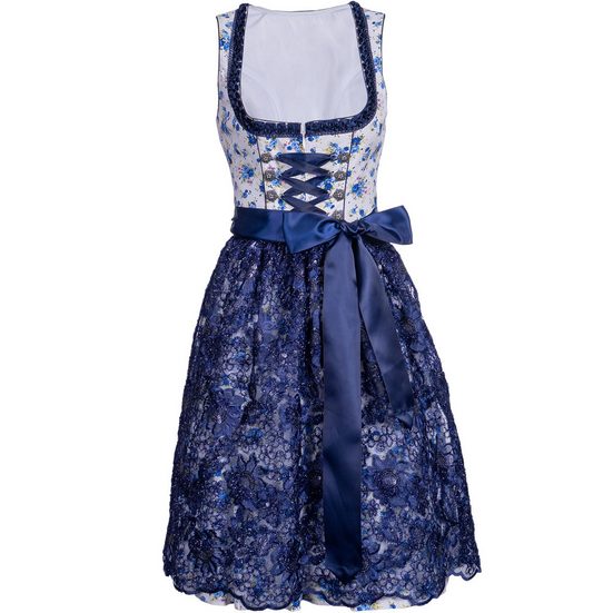 KELLIAR Dirndl Midi Trachtenkleid, ideal für Oktoberfest, Rocklänge 60 cm, Blau Florales Muster, Dekorative Schnürung mehr Schlussverkauf