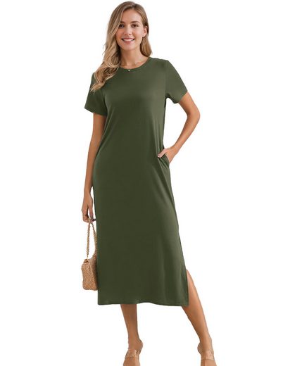 LUCKZON Sommerkleid Damen Maxikleid, geteilt, lässig, T-Shirt-Kleid mit Taschen Rundhalsausschnitt, kurze Ärmel, Sommerkleider mehr Osterangebot