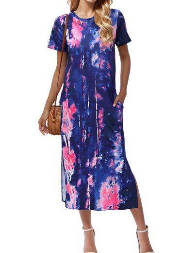 LUCKZON Sommerkleid Damen Maxikleid, geteilt, lässig, T-Shirt-Kleid mit Taschen Rundhalsausschnitt, kurze Ärmel, Sommerkleider mehr Osterangebot