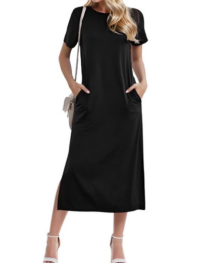 LUCKZON Sommerkleid Damen Maxikleid, geteilt, lässig, T-Shirt-Kleid mit Taschen Rundhalsausschnitt, kurze Ärmel, Sommerkleider mehr Osterangebot