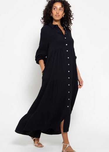SASSYCLASSY Maxikleid Musselin Maxi Kleid mit Volants Baumwollleid mit Kragen, Knopfleiste und einem Gummizug am Ärmel mehr Große Rabatte