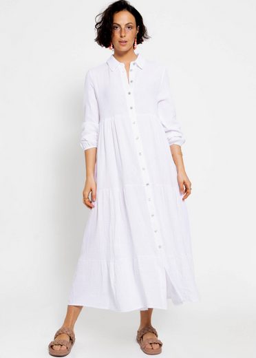 SASSYCLASSY Maxikleid Musselin Maxi Kleid mit Volants Baumwollleid mit Kragen, Knopfleiste und einem Gummizug am Ärmel mehr Große Rabatte