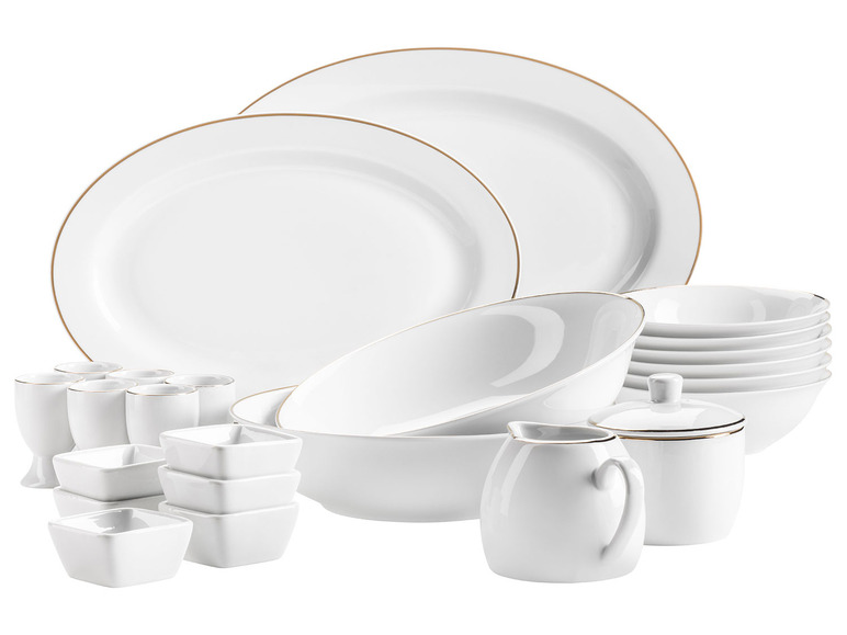 MÄSER Serie Professional Dining, Zubehör Set aus Müslischalen, Eierbechern, Schüsseln, Zuckerdose, Milchkännchen, Dipschälchen und Servierplatten, 24-teilig, Weiß mit Goldrand Riesige Rabatte