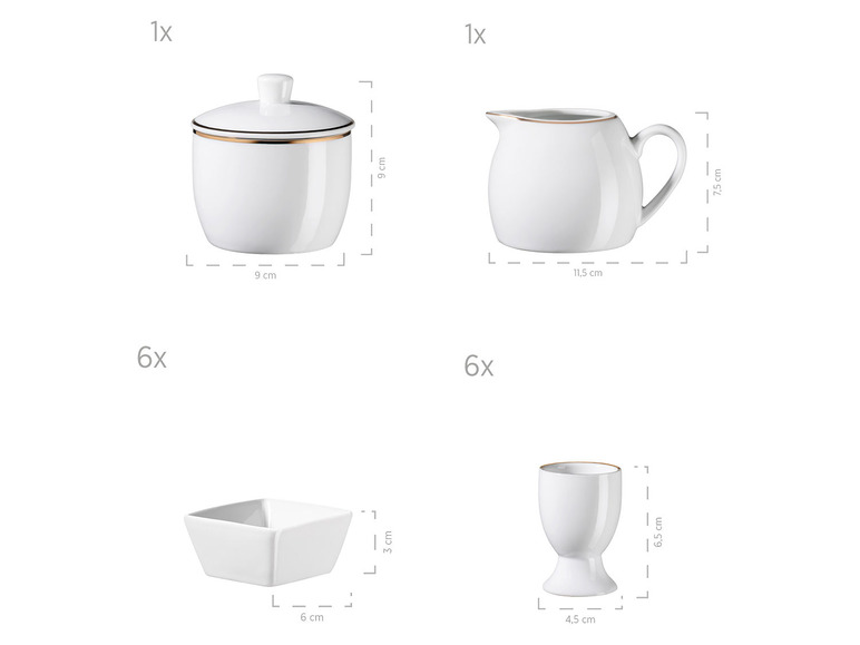 MÄSER Serie Professional Dining, Zubehör Set aus Müslischalen, Eierbechern, Schüsseln, Zuckerdose, Milchkännchen, Dipschälchen und Servierplatten, 24-teilig, Weiß mit Goldrand Riesige Rabatte
