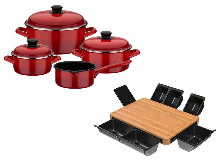 GSW Kochtopf-Set 7tlg. Shadow Stahl-Emaille rot + ERNESTO® Multifunktionales Schneidebrett Online Outlet
