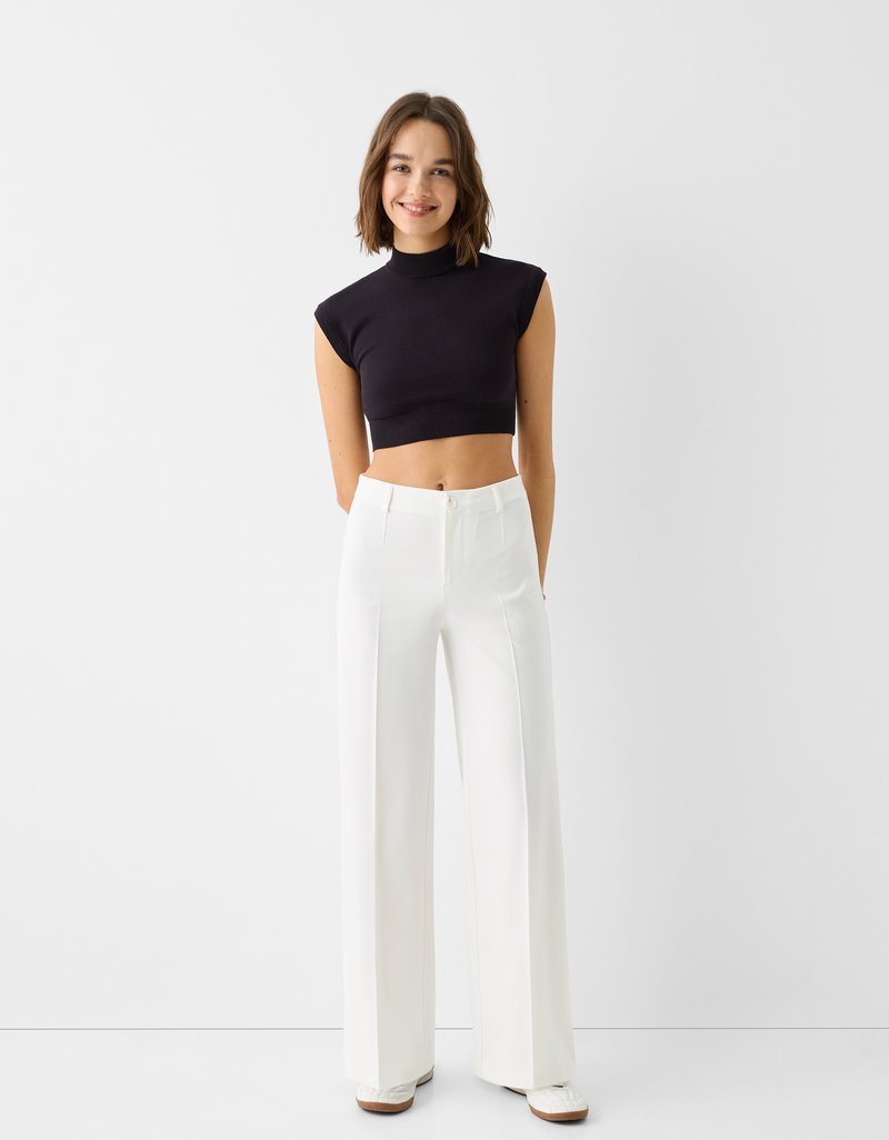 Bershka Bershka WIDE TAILORED - Trousers - white Schlussverkauf