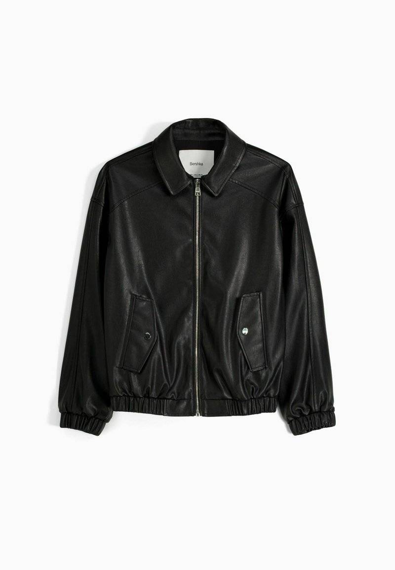 Bershka Bershka DAD FIT - Faux leather jacket - black Auslauf