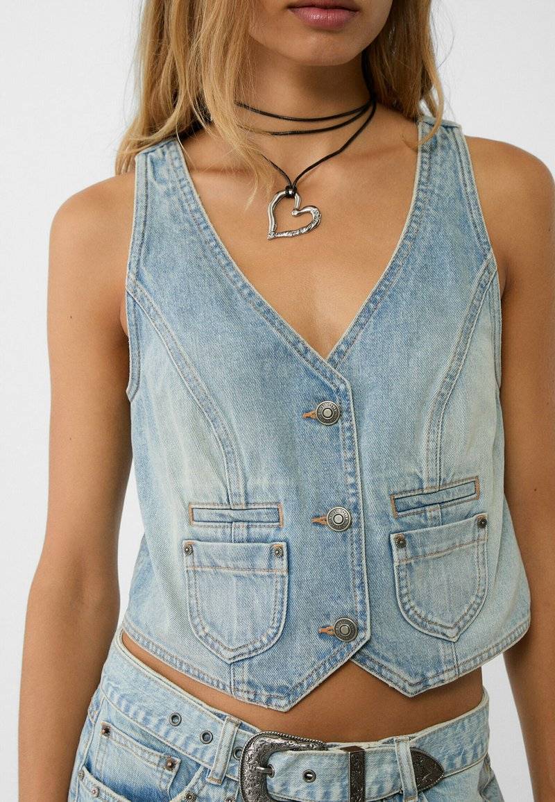 Stradivarius Stradivarius STUDDED - Waistcoat - laser denim Sonderangebote